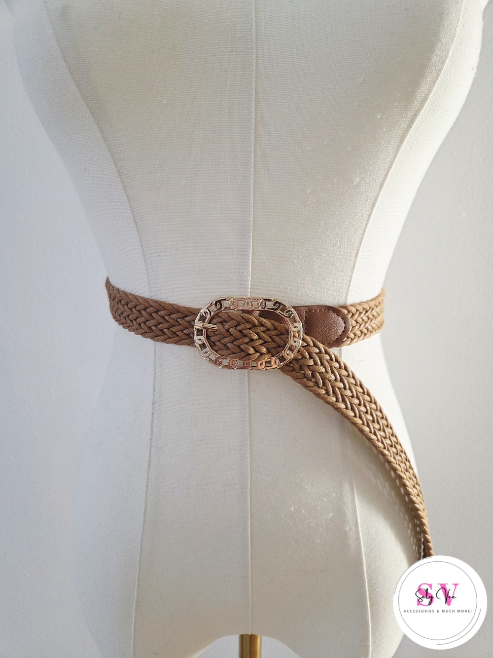 Caramel Color Braided Belt With Gold Buckle